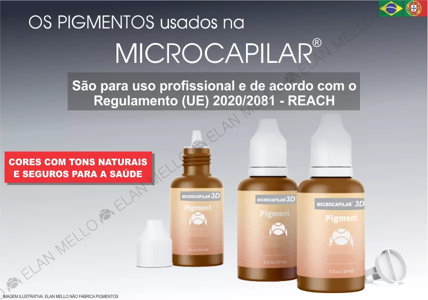 Três frascos de pigmentos regulamentados pela União Europeia (REACH), próprios para a micropigmentação capilar - Microcapilar de Elan Mello, com cores naturais e seguros para a saúde.